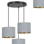 Hanglamp 3 lichts gepoedercoat staal en stof Hilde grijs met gouden binnenzijde, ronde canopy, eettafel