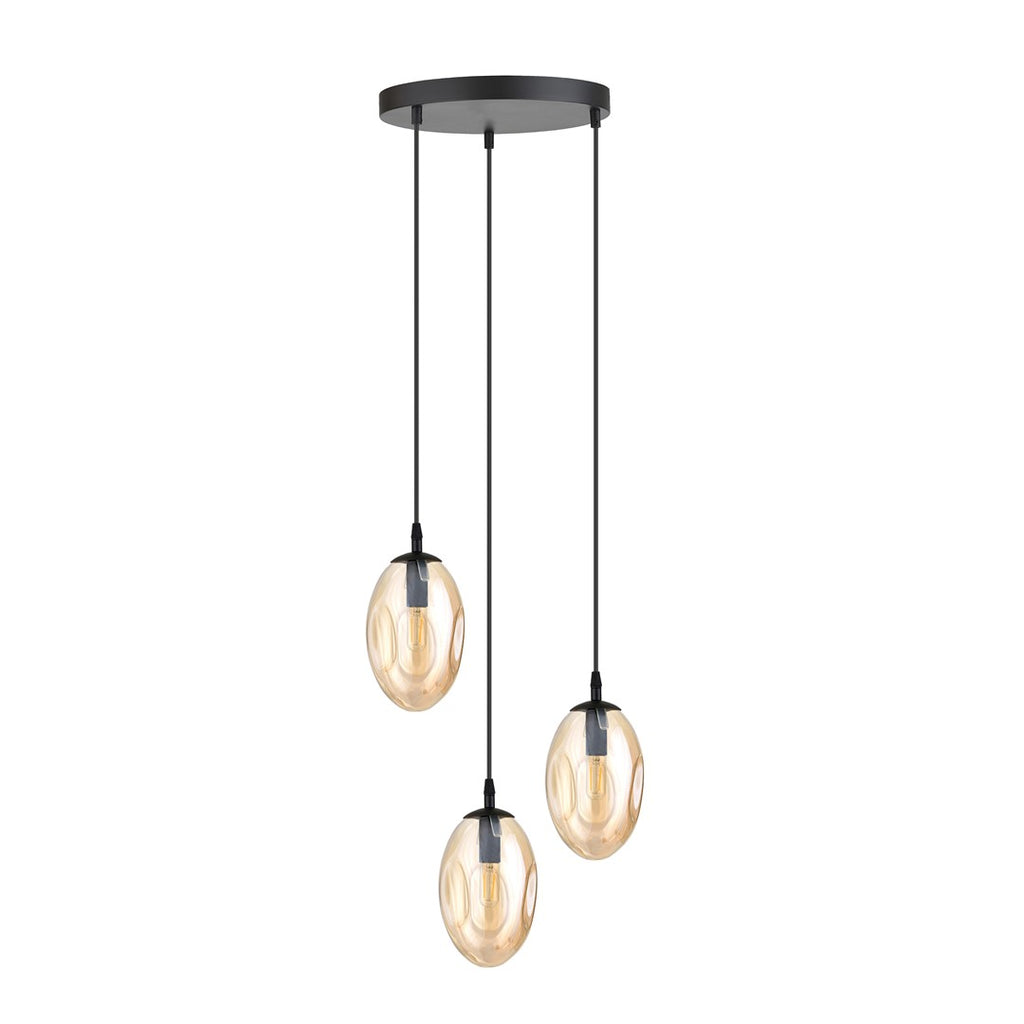 Hanglamp 3 lichts gepoedercoat staal en glas, modern, zwart met amber glas, Ø 30 cm, E14, eettafel en woonkamer
