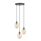 Hanglamp 3 lichts gepoedercoat staal en glas, modern, zwart met amber glas, Ø 30 cm, E14, eettafel en woonkamer