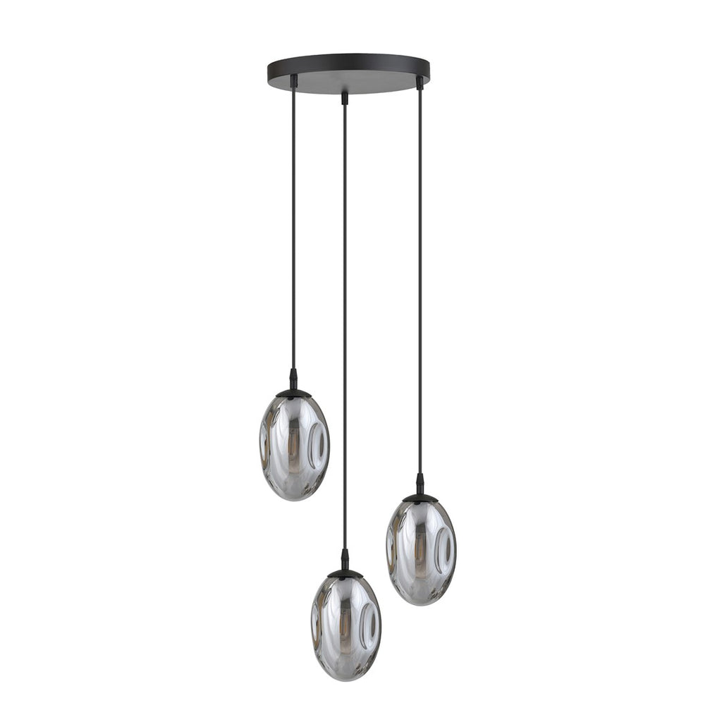 Hanglamp 3 lichts gepoedercoat staal en glas, modern, zwart met grafiet glazen kappen, kappen 12 cm, E14, woonkamer en eetkamer
