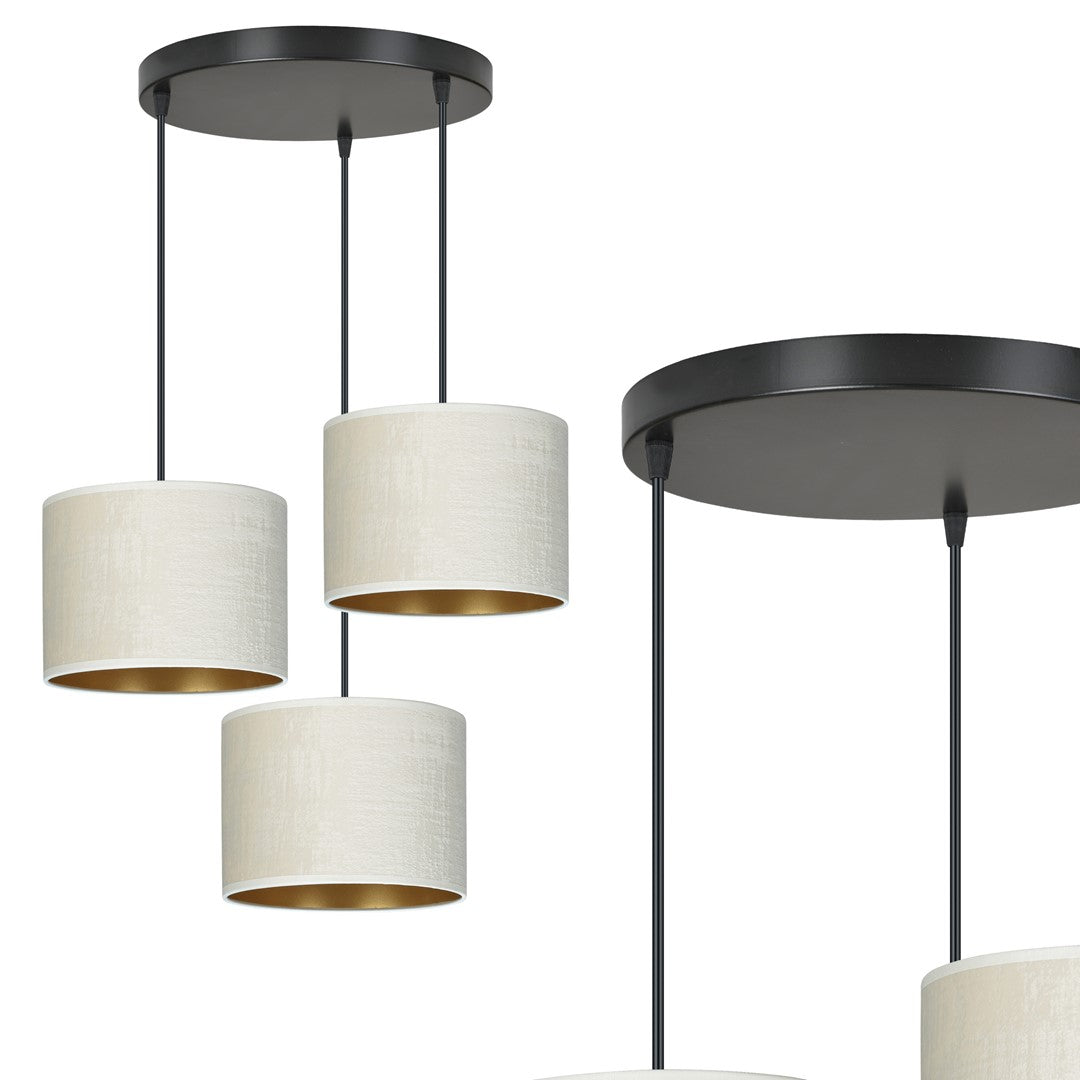 Hanglamp 3-lichts gepoedercoat staal en stof, Hilde minimalistisch, wit met zwart, kap Ø 20 cm, eettafel