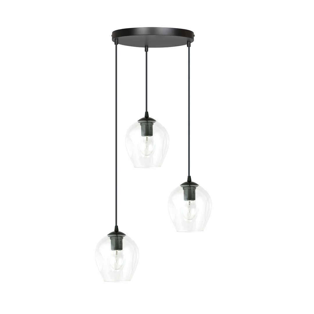Hanglamp gepoedercoat staal en glas Istar, zwart met transparante kappen, 3 lichts, Ø 14 cm kappen, woonkamer en eetkamer