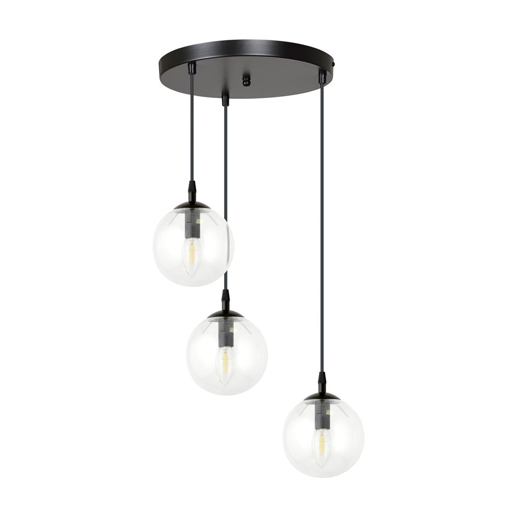 Hanglamp gepoedercoat staal en glas Cosmo, zwart met transparante glazen kappen Ø 14 cm, 3 lichts, hoogte verstelbaar