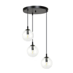 Hanglamp gepoedercoat staal en glas Cosmo, zwart met transparante glazen kappen Ø 14 cm, 3 lichts, hoogte verstelbaar