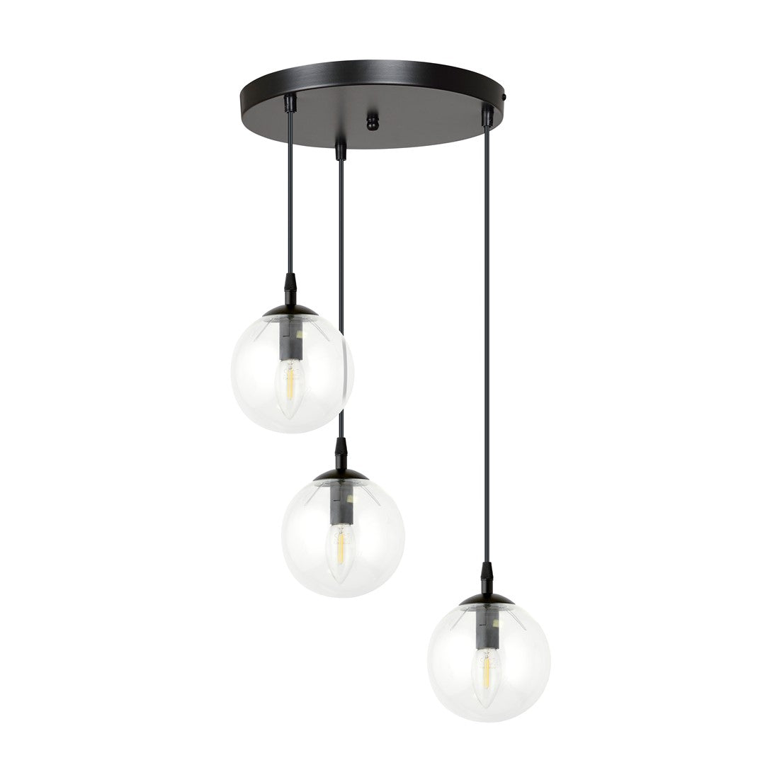 Hanglamp gepoedercoat staal en glas Cosmo, zwart met transparante glazen kappen Ø 14 cm, 3 lichts, hoogte verstelbaar