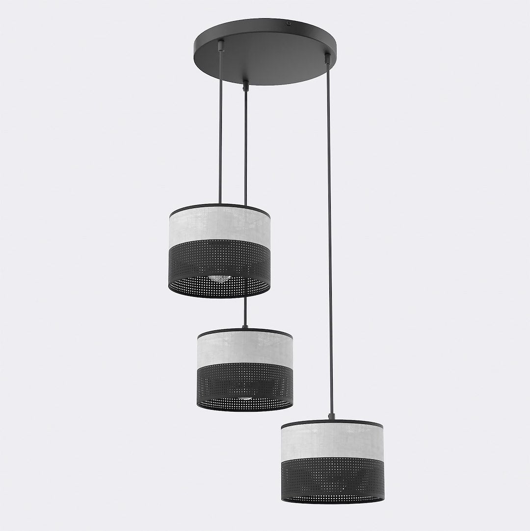 Hanglamp 3 lichts gepoedercoat staal met stoffen kap, minimalistisch zwart grijs, kapdiameter 20 cm, E27