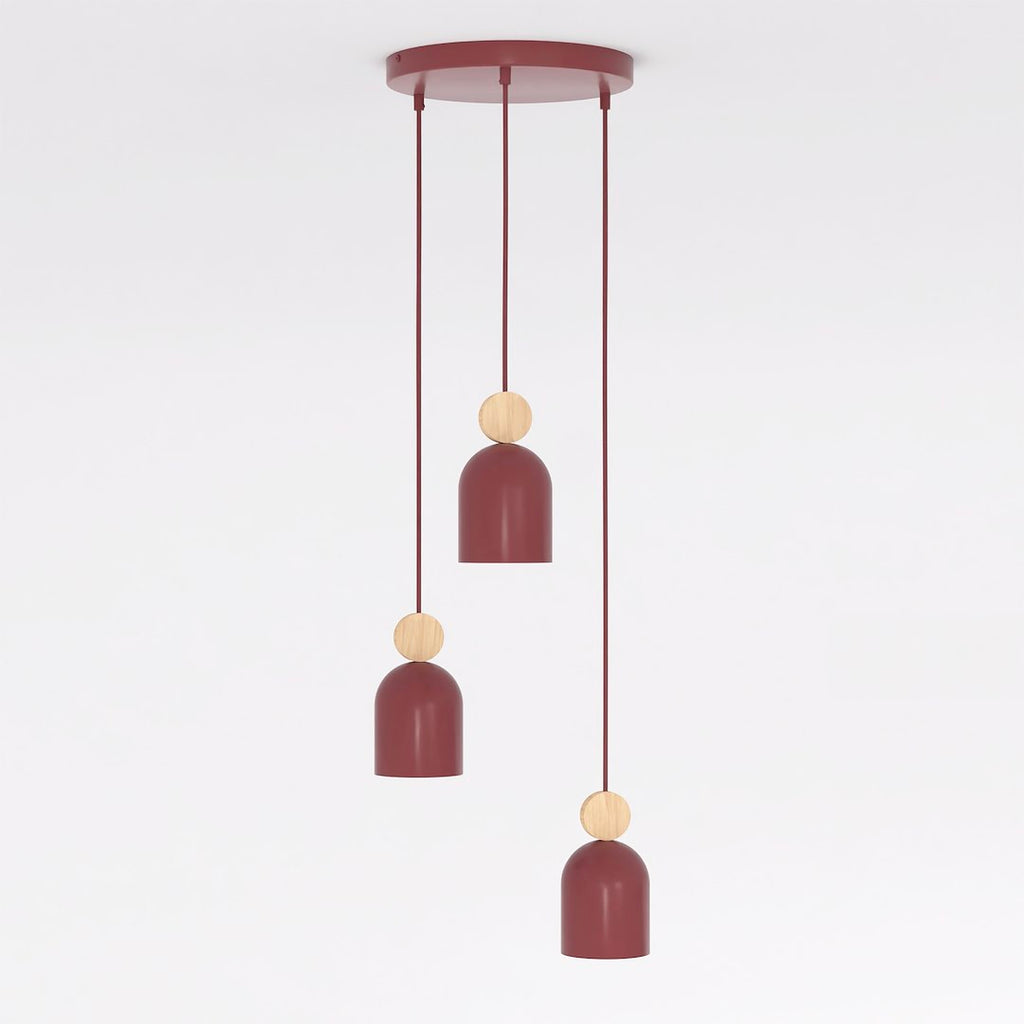 Hanglamp gepoedercoat staal met hout, Scandinavisch model Mesi, bordeaux, 3 fittingen, 34 x 34 cm, verstelbare hoogte