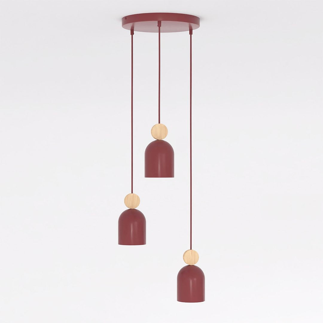 Hanglamp gepoedercoat staal met hout, Scandinavisch model Mesi, bordeaux, 3 fittingen, 34 x 34 cm, verstelbare hoogte