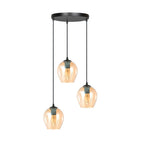 Hanglamp 3 lichts gepoedercoat staal en glas, Istar modern, zwart met amber kappen Ø 14 cm, hoogte verstelbaar