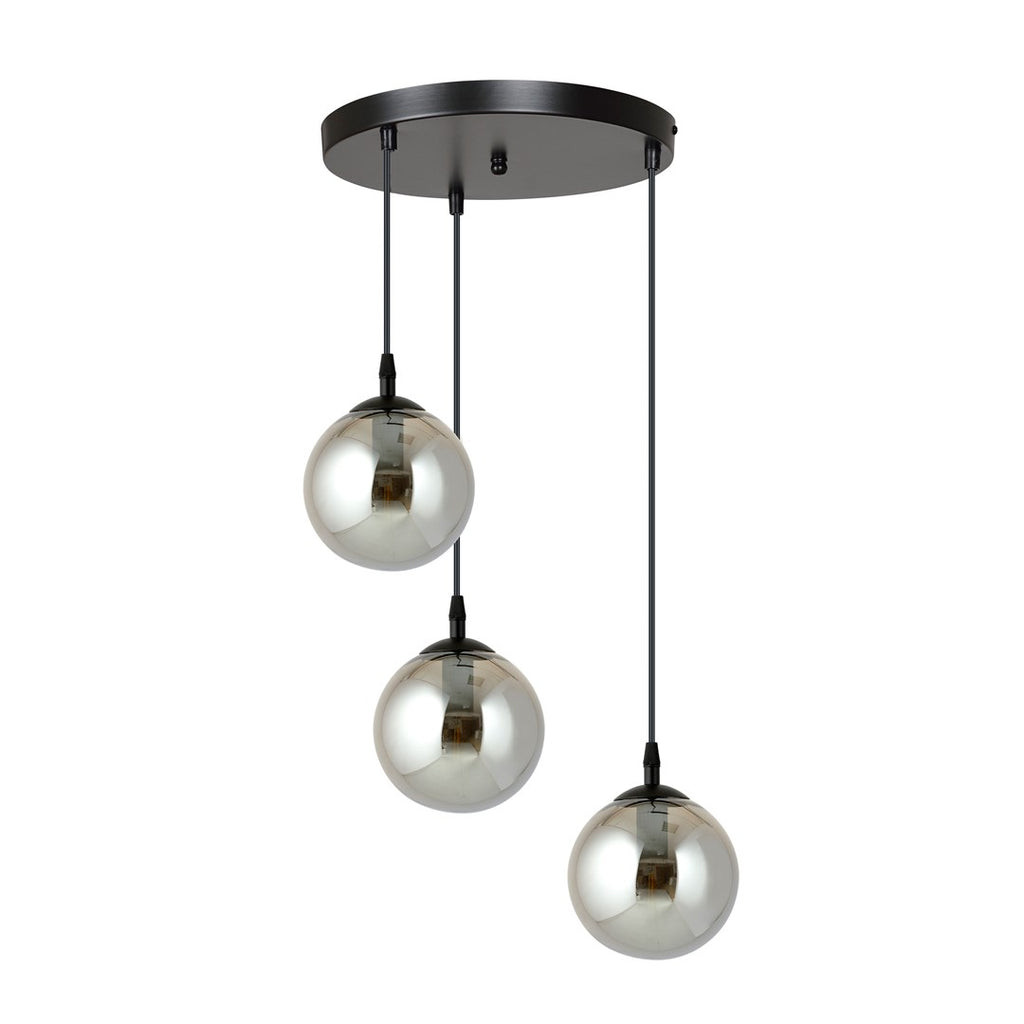 Hanglamp 3-lichts gepoedercoat staal en glas Cosmo, zwart met grafiet glazen kappen Ø 14 cm, eettafel en woonkamer