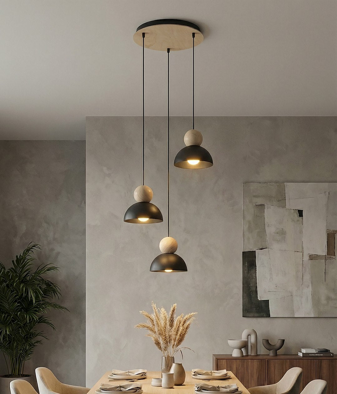 Hanglamp gepoedercoat staal en hout Kaki, zwart, 3 lichts, Scandinavisch, 41 x 41 cm, E27