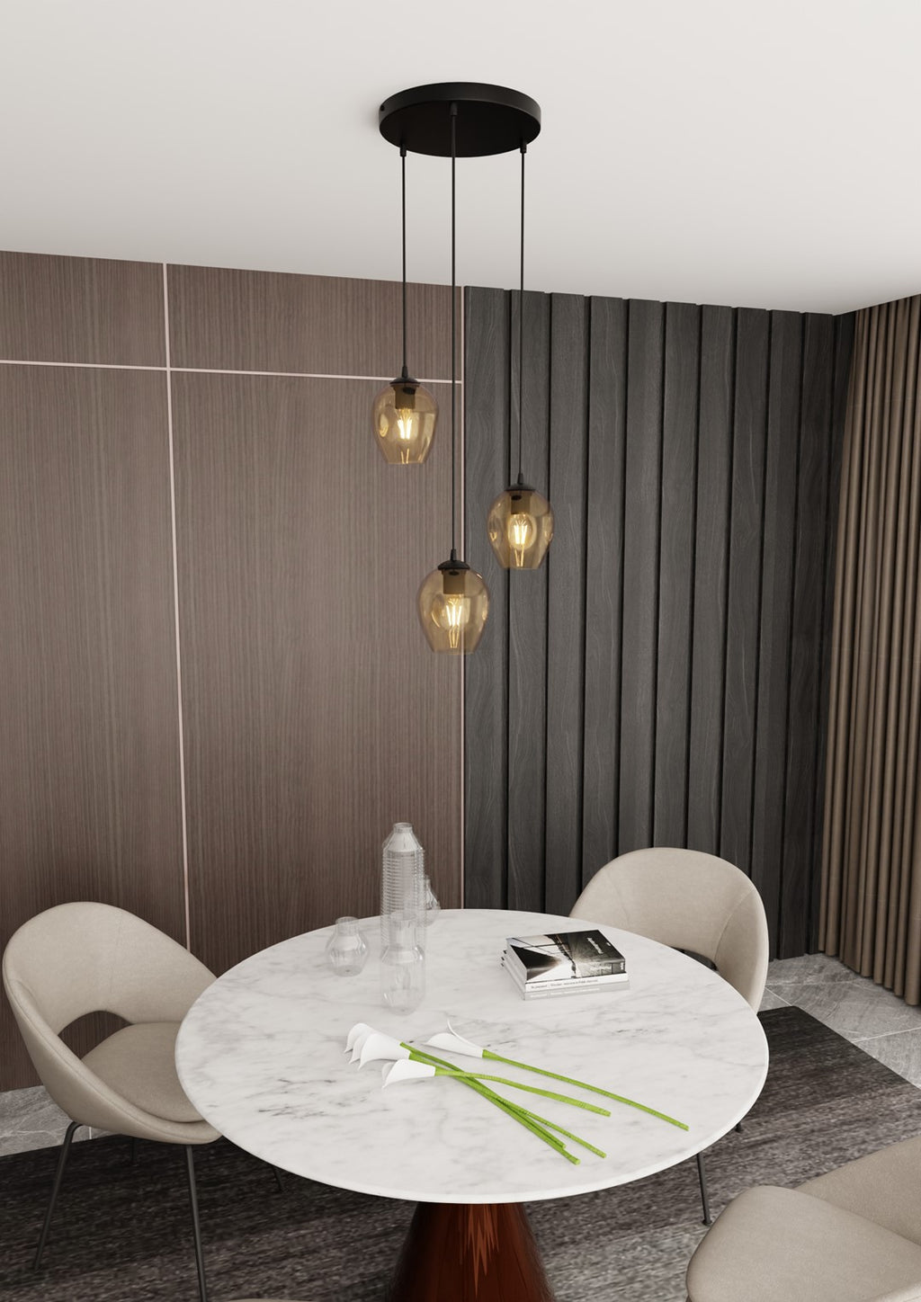 Hanglamp 3 lichts gepoedercoat staal en glas, Istar modern, zwart met amber kappen Ø 14 cm, hoogte verstelbaar