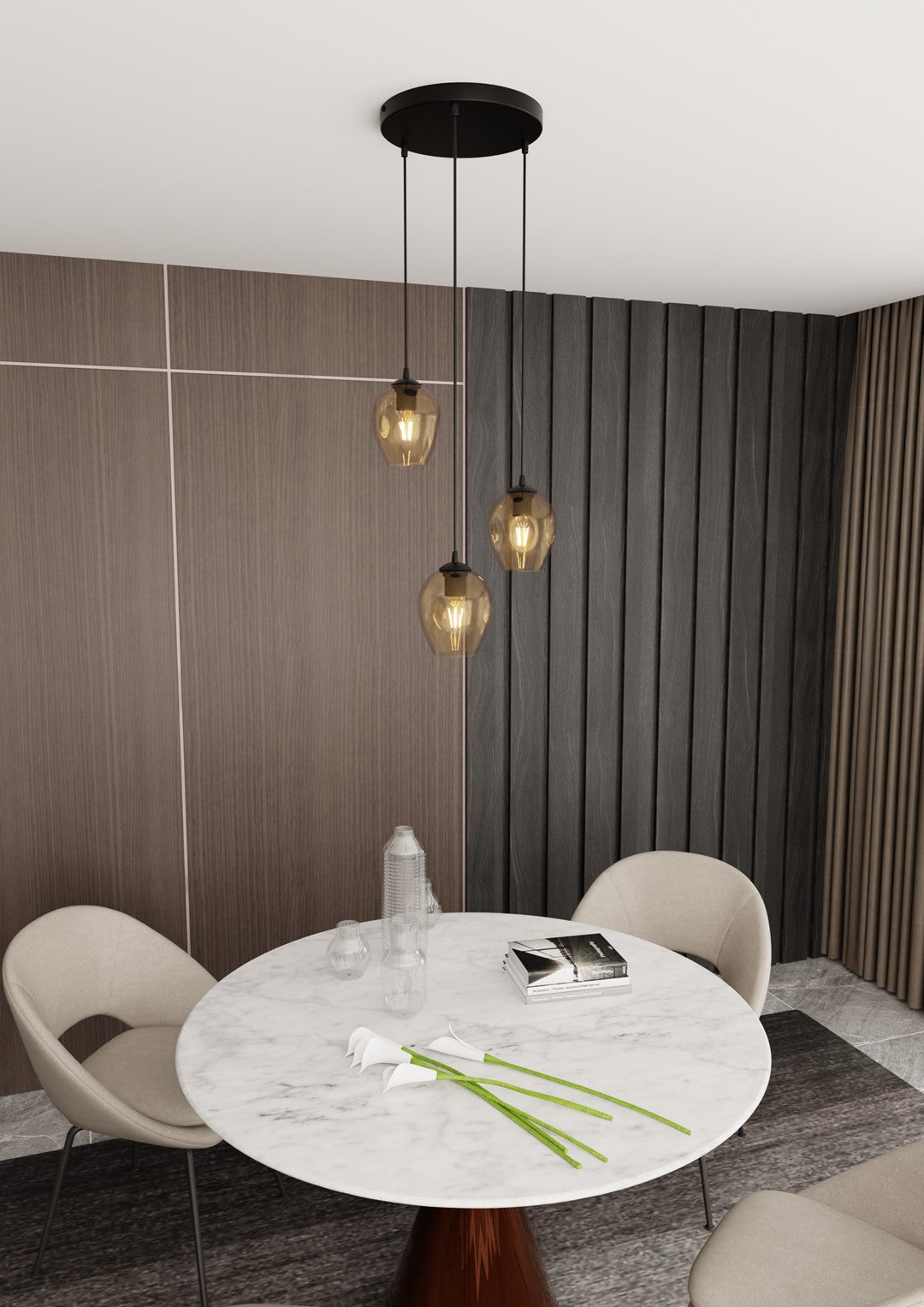 Hanglamp 3 lichts gepoedercoat staal en glas, Istar modern, zwart met amber kappen Ø 14 cm, hoogte verstelbaar