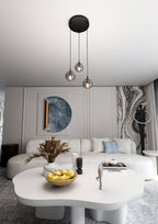 Hanglamp 3-lichts gepoedercoat staal en glas Cosmo, zwart met grafiet glazen kappen Ø 14 cm, eettafel en woonkamer