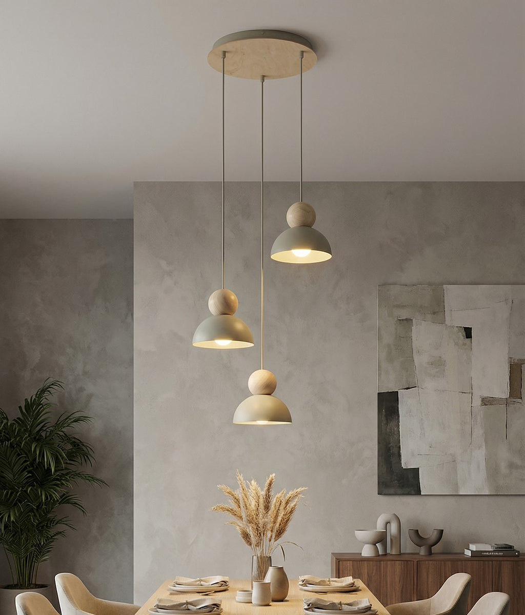 Hanglamp gepoedercoat staal en hout, Kaki Scandinavisch beige, 3 lichts met 3 x E27-fitting, verstelbare hoogte