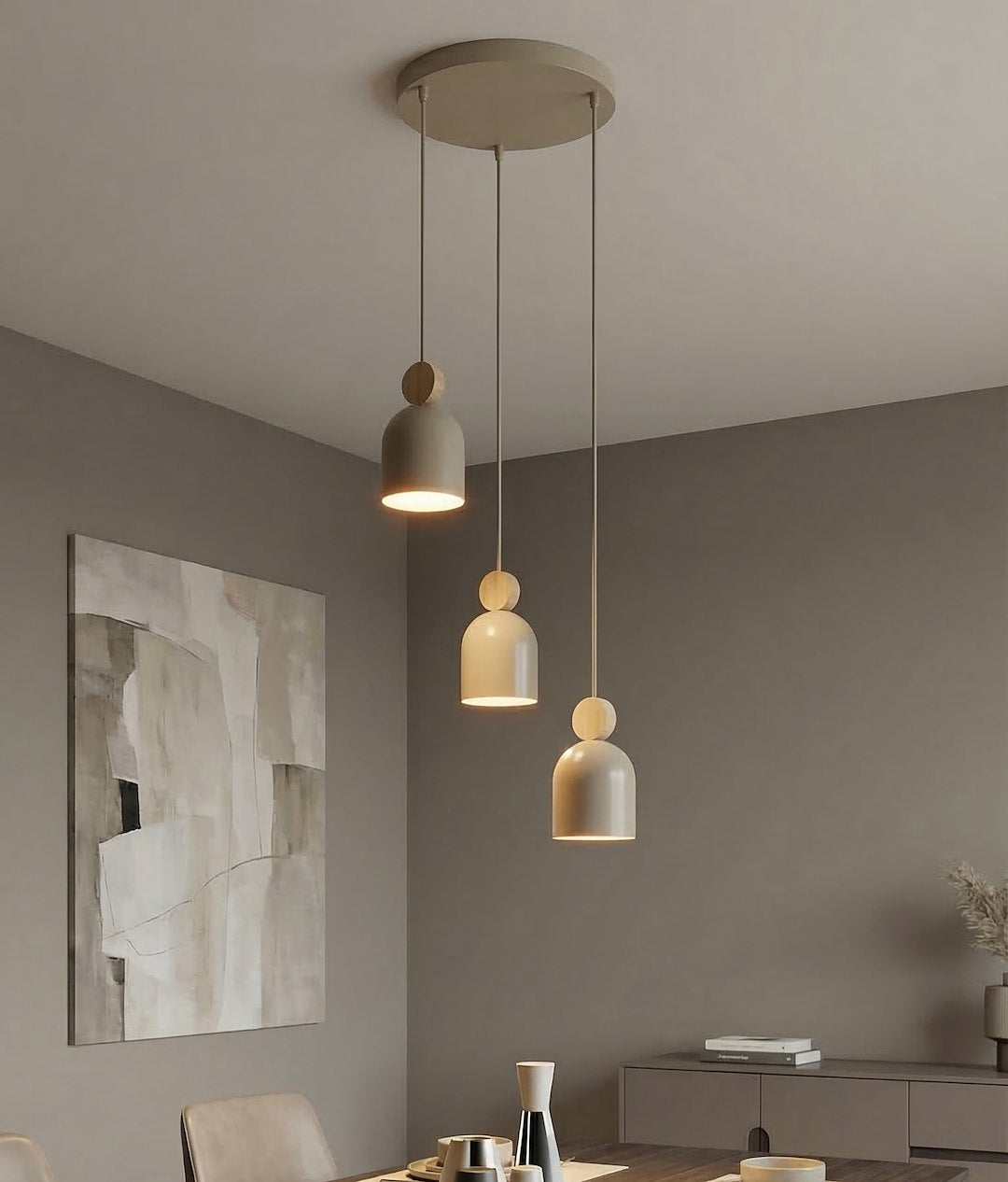 Hanglamp Mesi gepoedercoat staal en hout, Scandinavisch, beige, Ø 34 cm, 3 lichtpunten, verstelbare hoogte