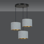 Hanglamp 3 lichts gepoedercoat staal en stof Hilde grijs met gouden binnenzijde, ronde canopy, eettafel
