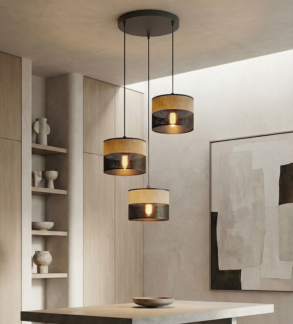 Hanglamp 3-lichts gepoedercoat staal met stoffen kap, Karbon, zwart en bruin, kapdiameter 20 cm, rond plafondplaat