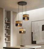 Hanglamp 3-lichts gepoedercoat staal met stoffen kap, Karbon, zwart en bruin, kapdiameter 20 cm, rond plafondplaat