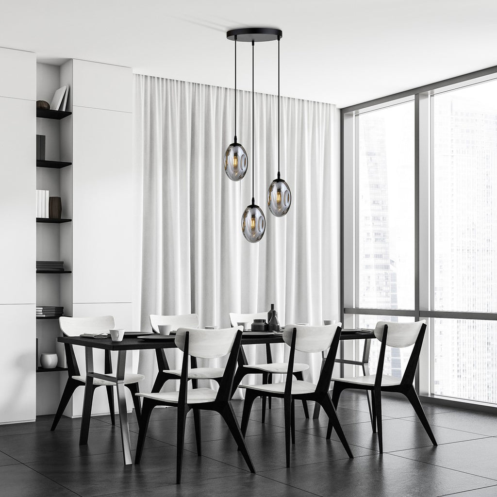 Hanglamp 3 lichts gepoedercoat staal en glas, modern, zwart met grafiet glazen kappen, kappen 12 cm, E14, woonkamer en eetkamer
