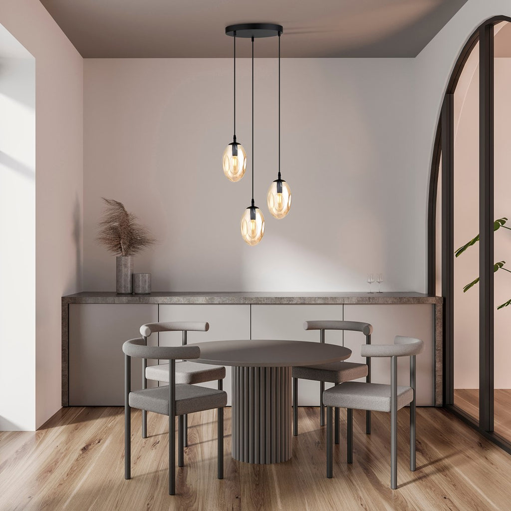 Hanglamp 3 lichts gepoedercoat staal en glas, modern, zwart met amber glas, Ø 30 cm, E14, eettafel en woonkamer