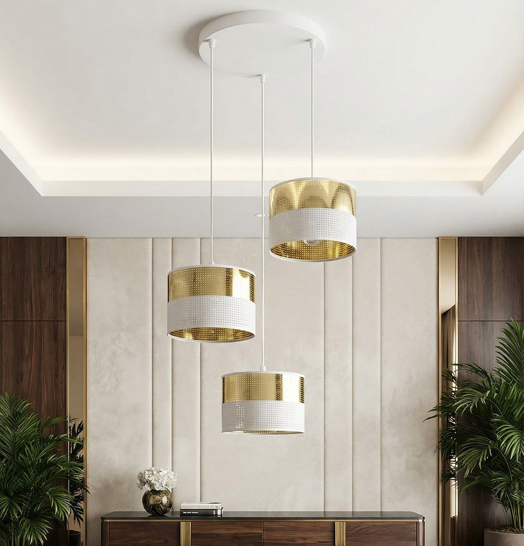 Hanglamp 3 lichts gepoedercoat staal met stoffen kap, modern, wit en goud, kap Ø 20 cm, E27