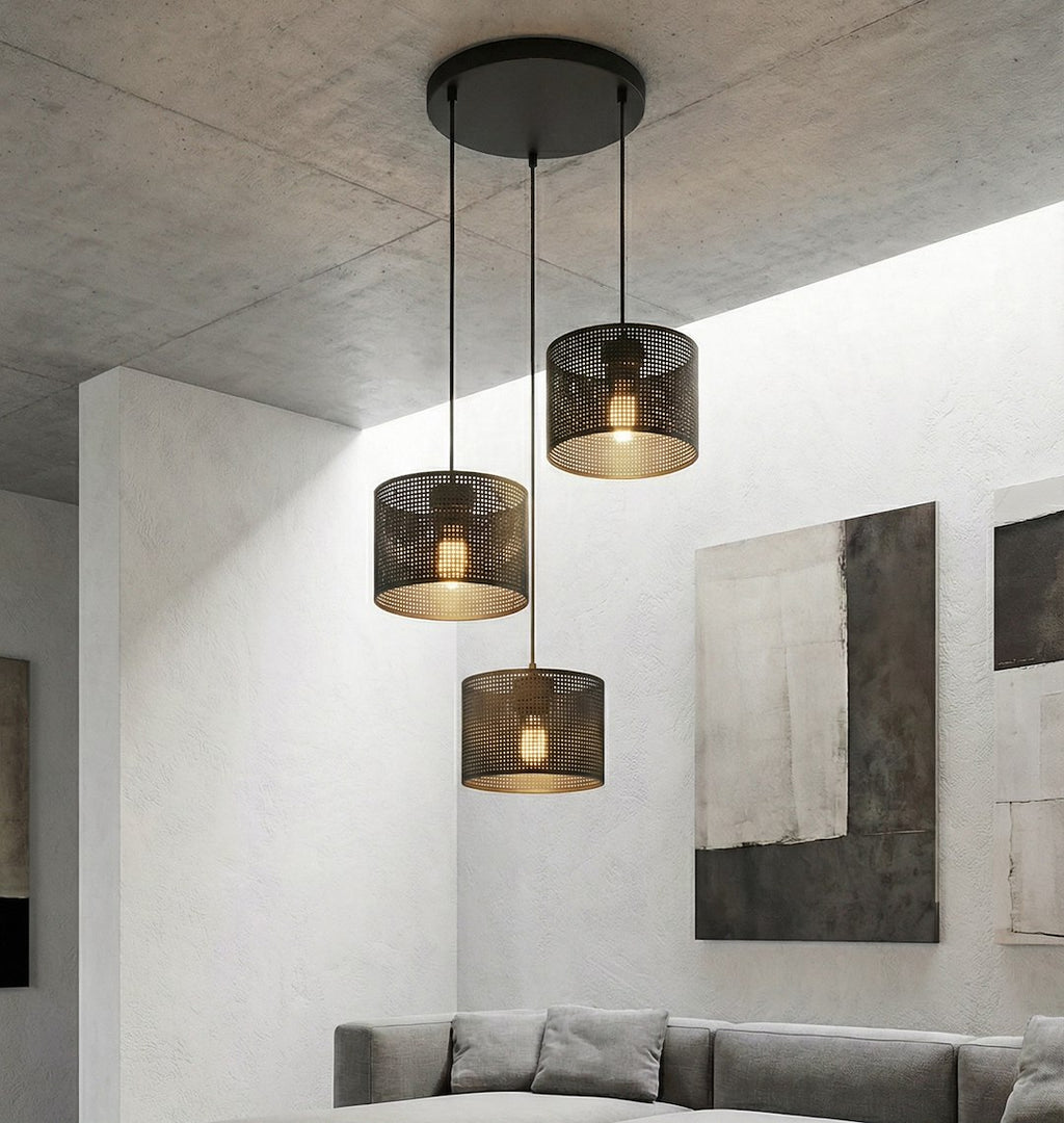 Hanglamp Lux gepoedercoat staal zwart met 3 lichtpunten, kap Ø 20 cm, E27-fitting, verstelbare hoogte
