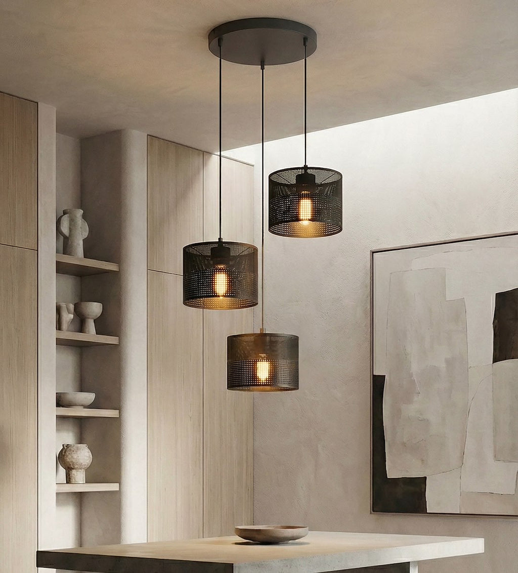 Hanglamp 3 lichts gepoedercoat staal met stoffen kappen, minimalistisch zwart, kap Ø 20 cm, E27