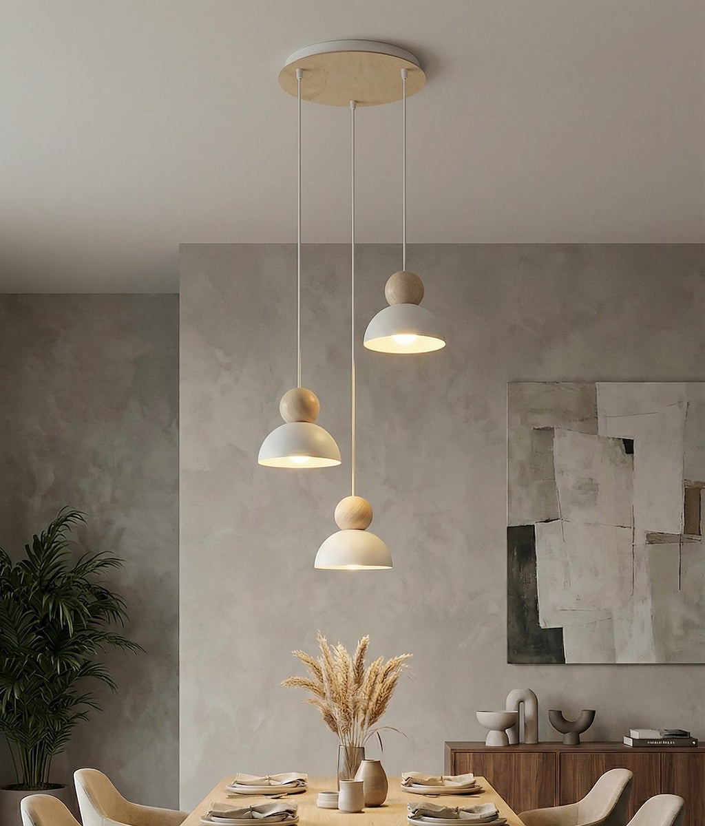 Hanglamp gepoedercoat staal en hout, Kaki Scandinavisch, wit, 41 x 41 cm, 3 fittingen, in hoogte verstelbaar