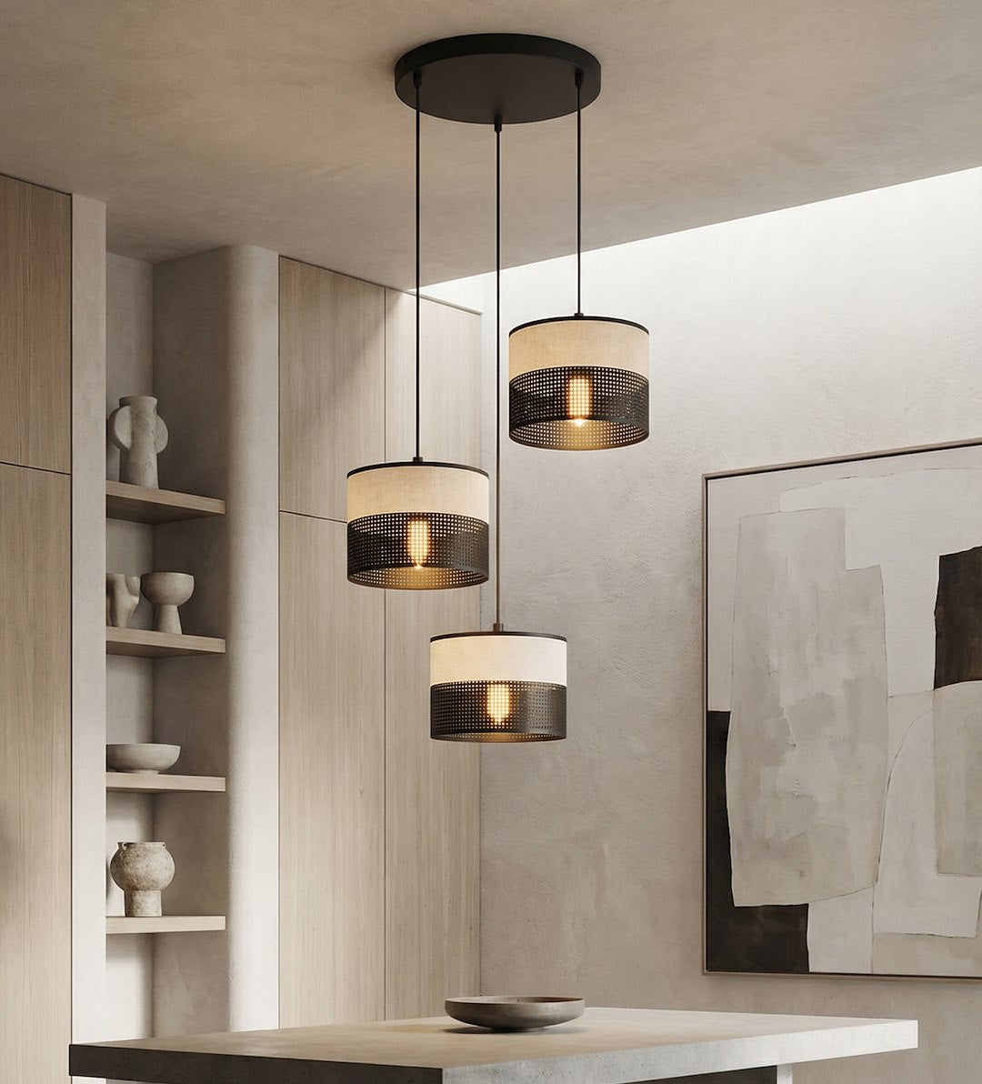 Hanglamp 3 lichts gepoedercoat staal met stoffen kap, minimalistisch zwart grijs, kapdiameter 20 cm, E27