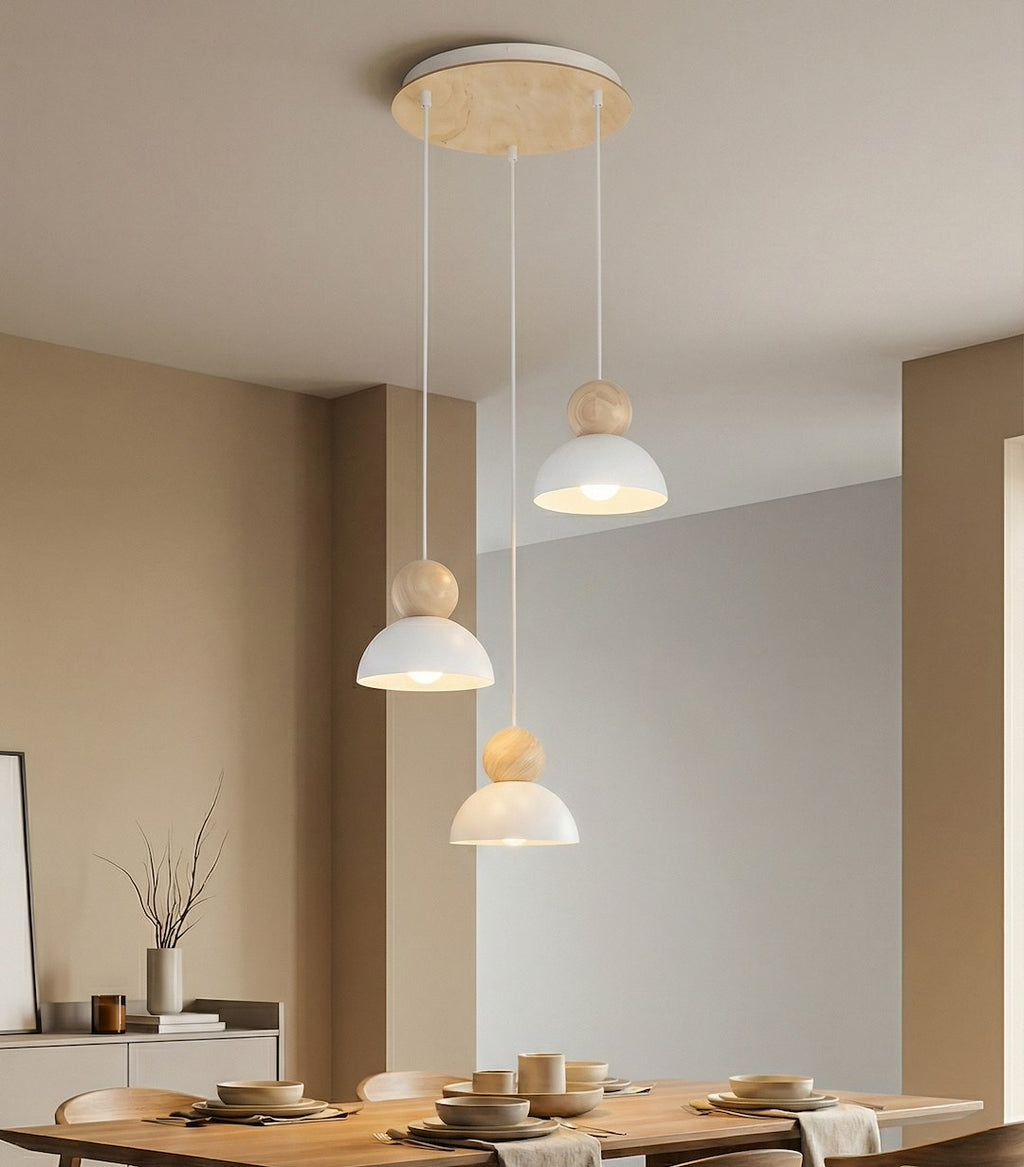 Hanglamp gepoedercoat staal en hout, Kaki Scandinavisch, wit, 41 x 41 cm, 3 fittingen, in hoogte verstelbaar