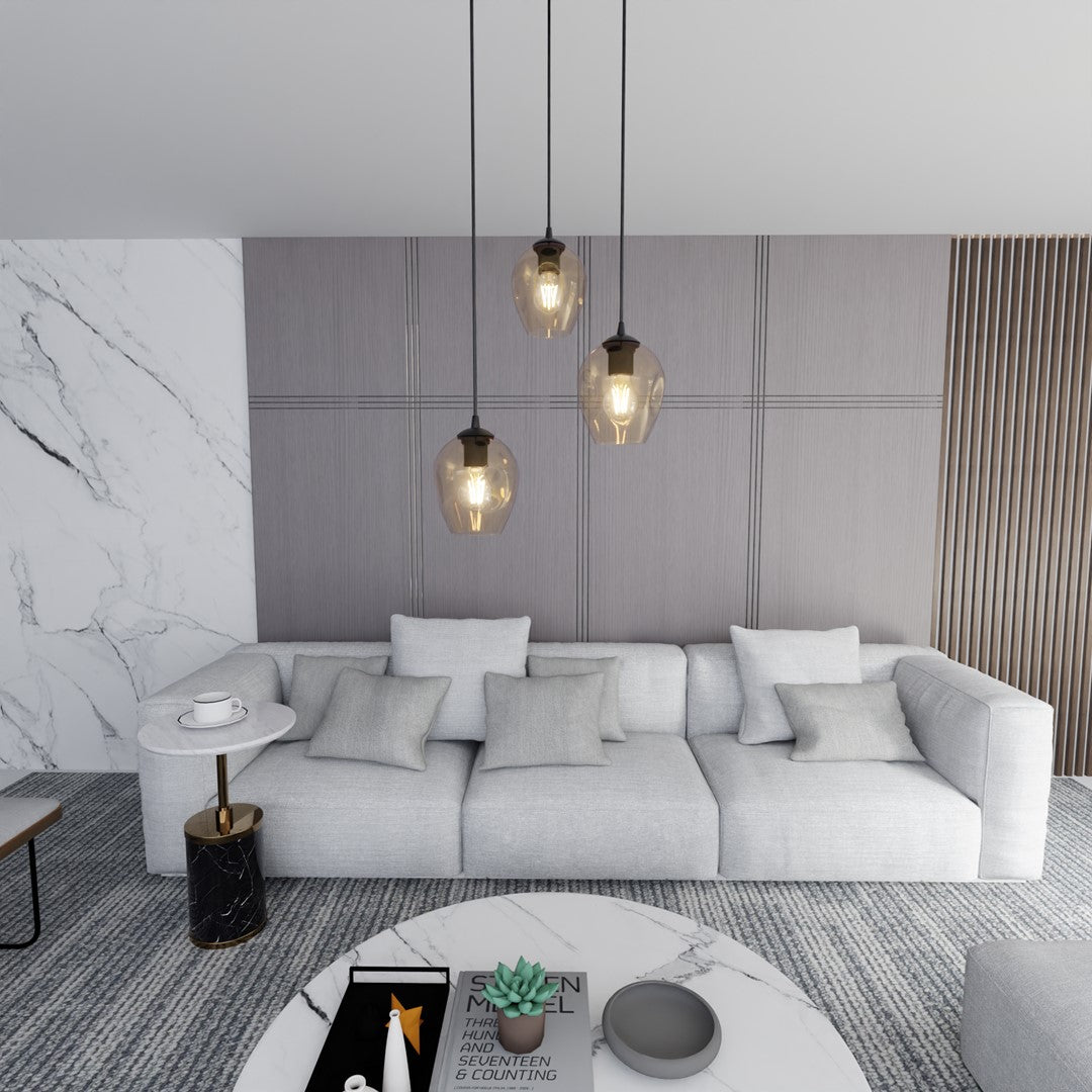 Hanglamp 3 lichts gepoedercoat staal en glas, Istar modern, zwart met amber kappen Ø 14 cm, hoogte verstelbaar
