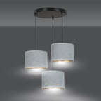 Hanglamp 3 lichts gepoedercoat staal en stof Hilde grijs met gouden binnenzijde, ronde canopy, eettafel