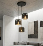 Hanglamp 3 lichts gepoedercoat staal met stoffen kappen, minimalistisch zwart, kap Ø 20 cm, E27
