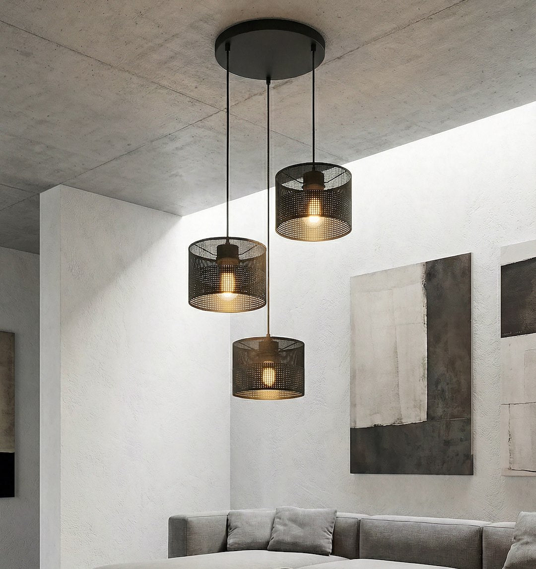 Hanglamp 3 lichts gepoedercoat staal met stoffen kappen, minimalistisch zwart, kap Ø 20 cm, E27