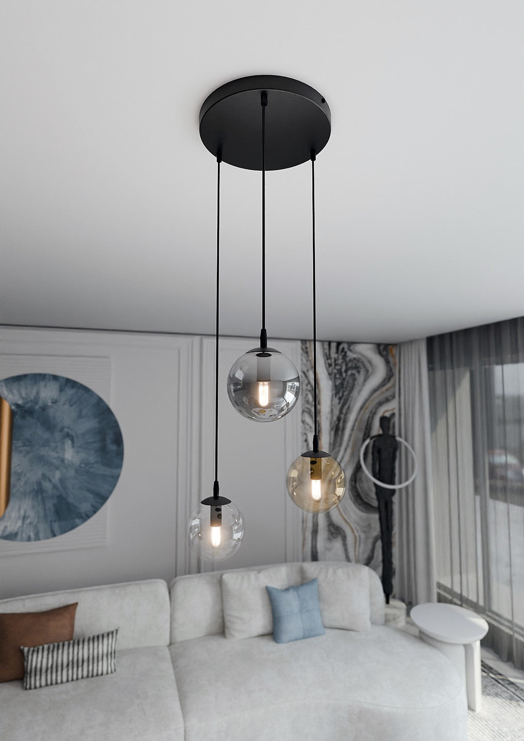 Hanglamp gepoedercoat staal en glas modern Cosmo, zwart met 3 glazen kappen Ø 14 cm, transparant, grafiet en amber
