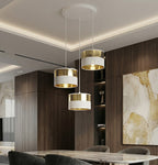 Hanglamp 3 lichts gepoedercoat staal met stoffen kap, modern, wit en goud, kap Ø 20 cm, E27