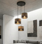 Hanglamp 3-lichts gepoedercoat staal met stoffen kap, Karbon, zwart en bruin, kapdiameter 20 cm, rond plafondplaat