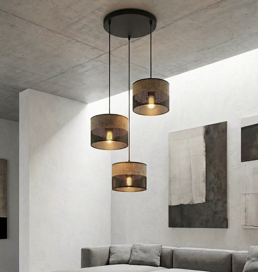Hanglamp 3-lichts gepoedercoat staal met stoffen kap, Karbon, zwart en bruin, kapdiameter 20 cm, rond plafondplaat