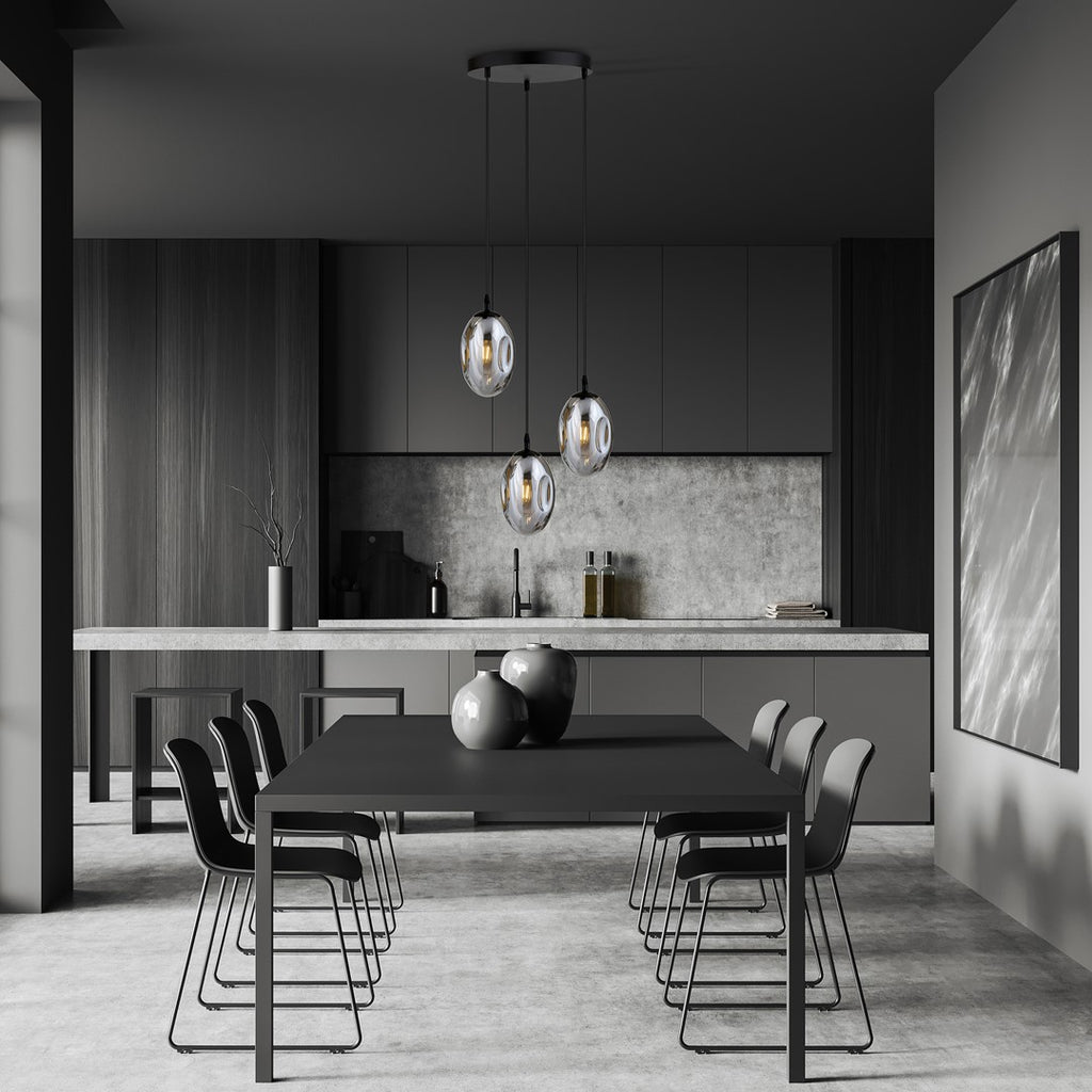 Hanglamp 3 lichts gepoedercoat staal en glas, modern, zwart met grafiet glazen kappen, kappen 12 cm, E14, woonkamer en eetkamer