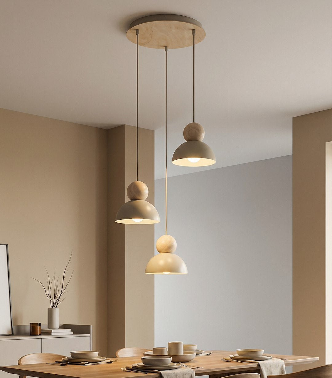 Hanglamp gepoedercoat staal en hout, Kaki Scandinavisch beige, 3 lichts met 3 x E27-fitting, verstelbare hoogte