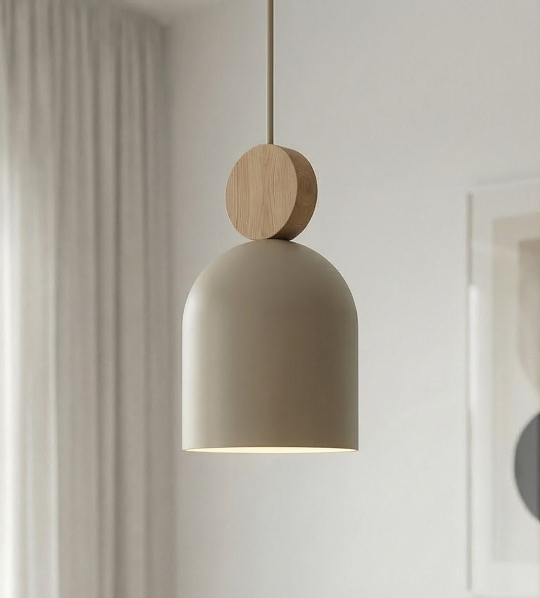 Hanglamp Mesi gepoedercoat staal en hout, Scandinavisch, beige, Ø 34 cm, 3 lichtpunten, verstelbare hoogte
