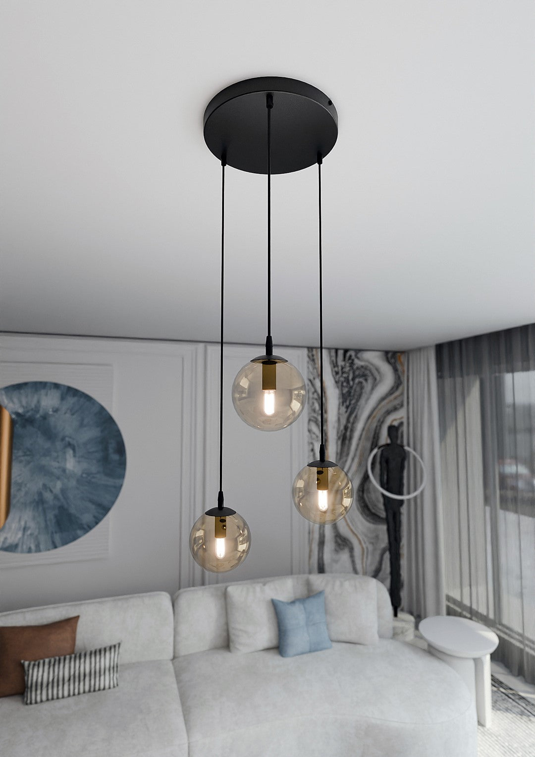 Hanglamp gepoedercoat staal en glas Cosmo modern, zwart met amber glas, 3 lichtpunten, kap Ø 14 cm, eettafel en woonkamer