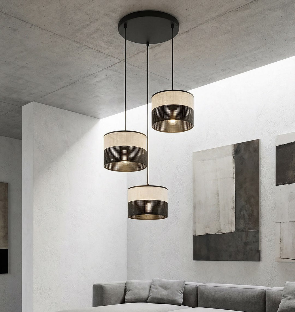 Hanglamp 3 lichts gepoedercoat staal met stoffen kap, minimalistisch zwart grijs, kapdiameter 20 cm, E27