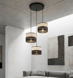 Hanglamp 3 lichts gepoedercoat staal met stoffen kap, minimalistisch zwart grijs, kapdiameter 20 cm, E27