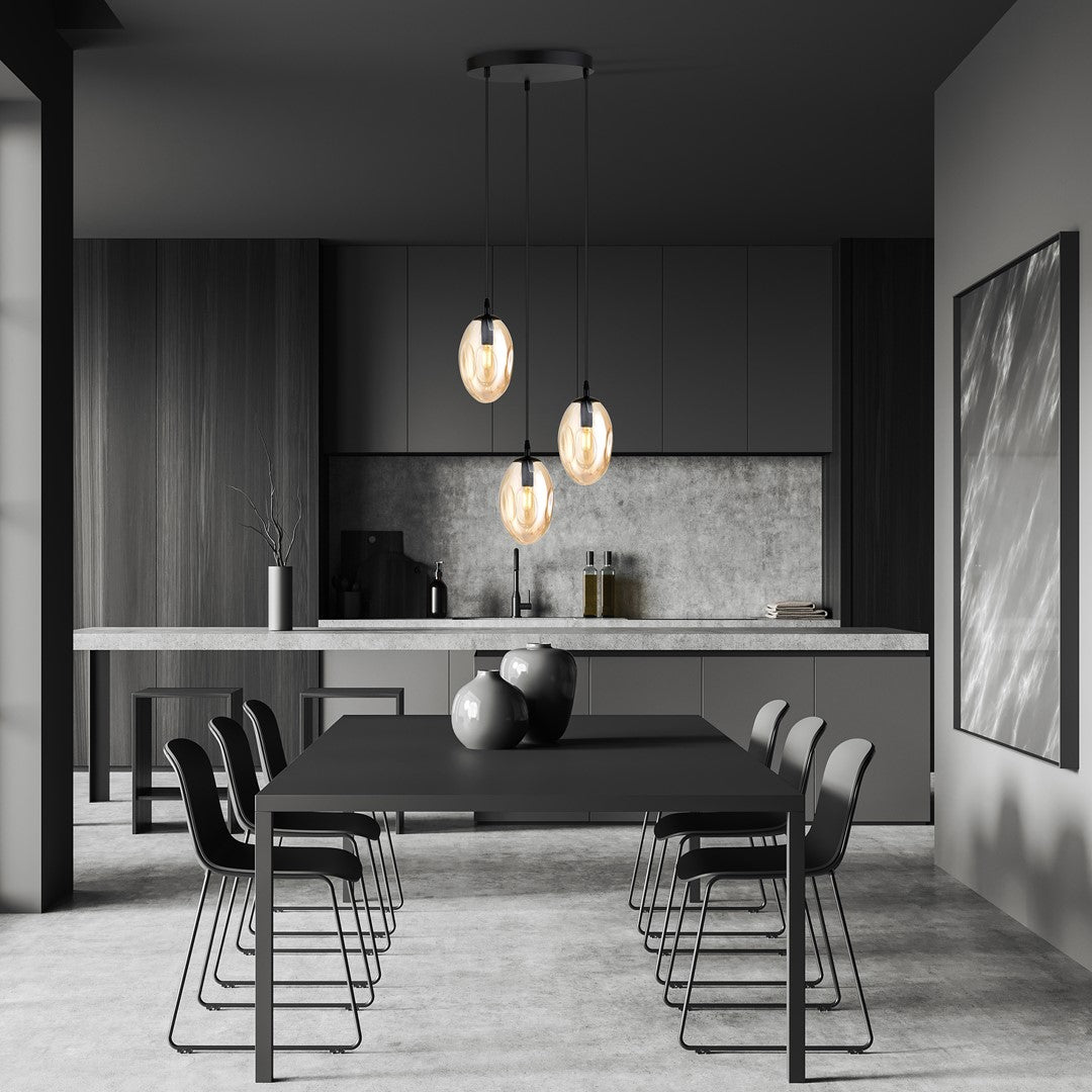 Hanglamp 3 lichts gepoedercoat staal en glas, modern, zwart met amber glas, Ø 30 cm, E14, eettafel en woonkamer