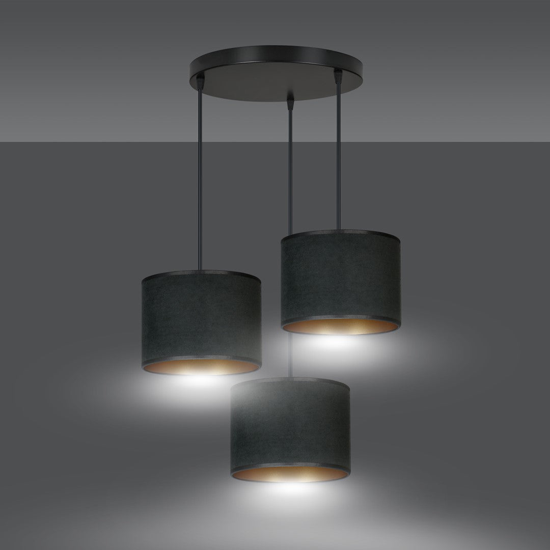 Hanglamp Hilde 3 lichts gepoedercoat staal en stof, zwart met gouden binnenzijde, kap Ø 20 cm, verstelbaar