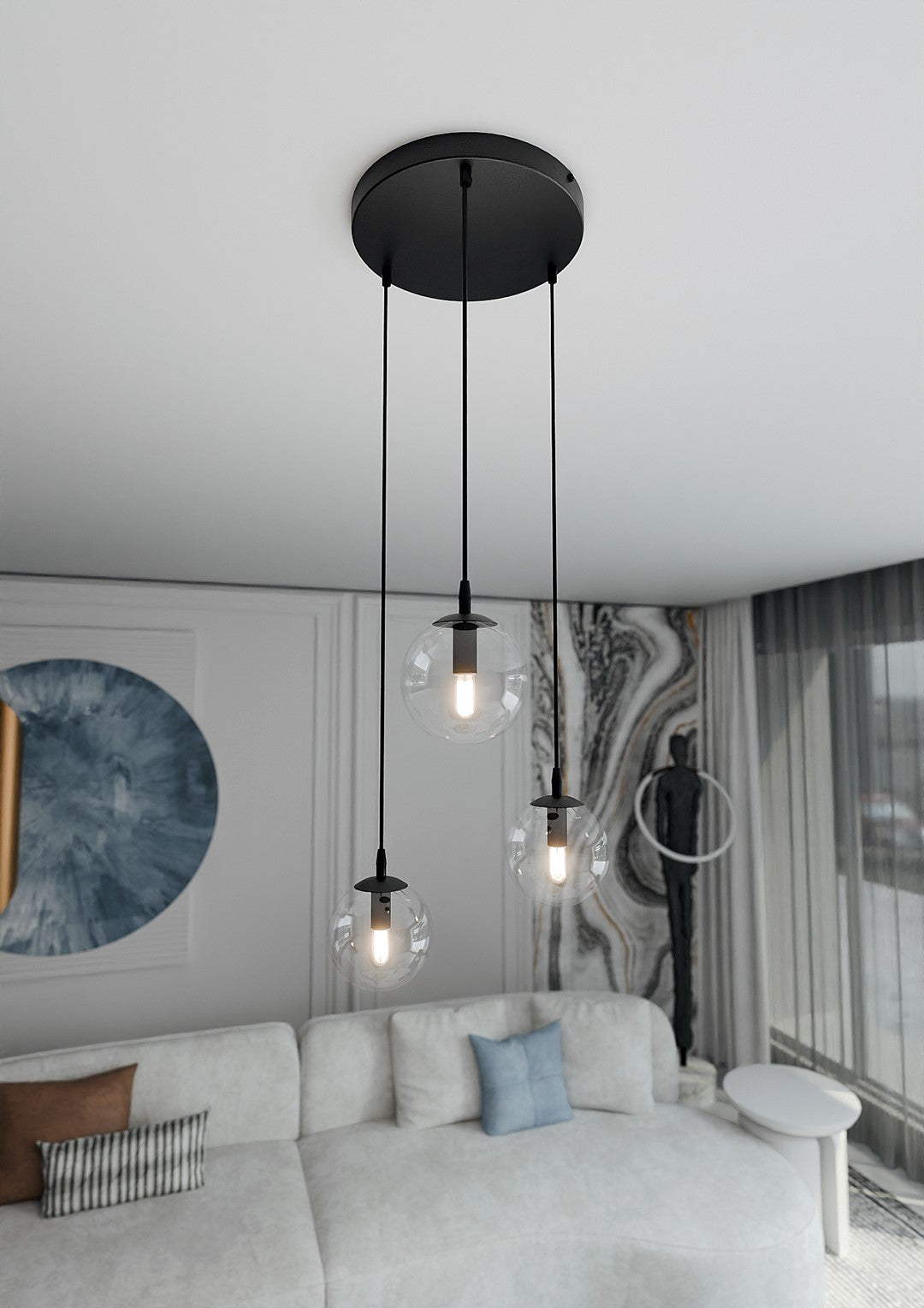Hanglamp gepoedercoat staal en glas Cosmo, zwart met transparante glazen kappen Ø 14 cm, 3 lichts, hoogte verstelbaar