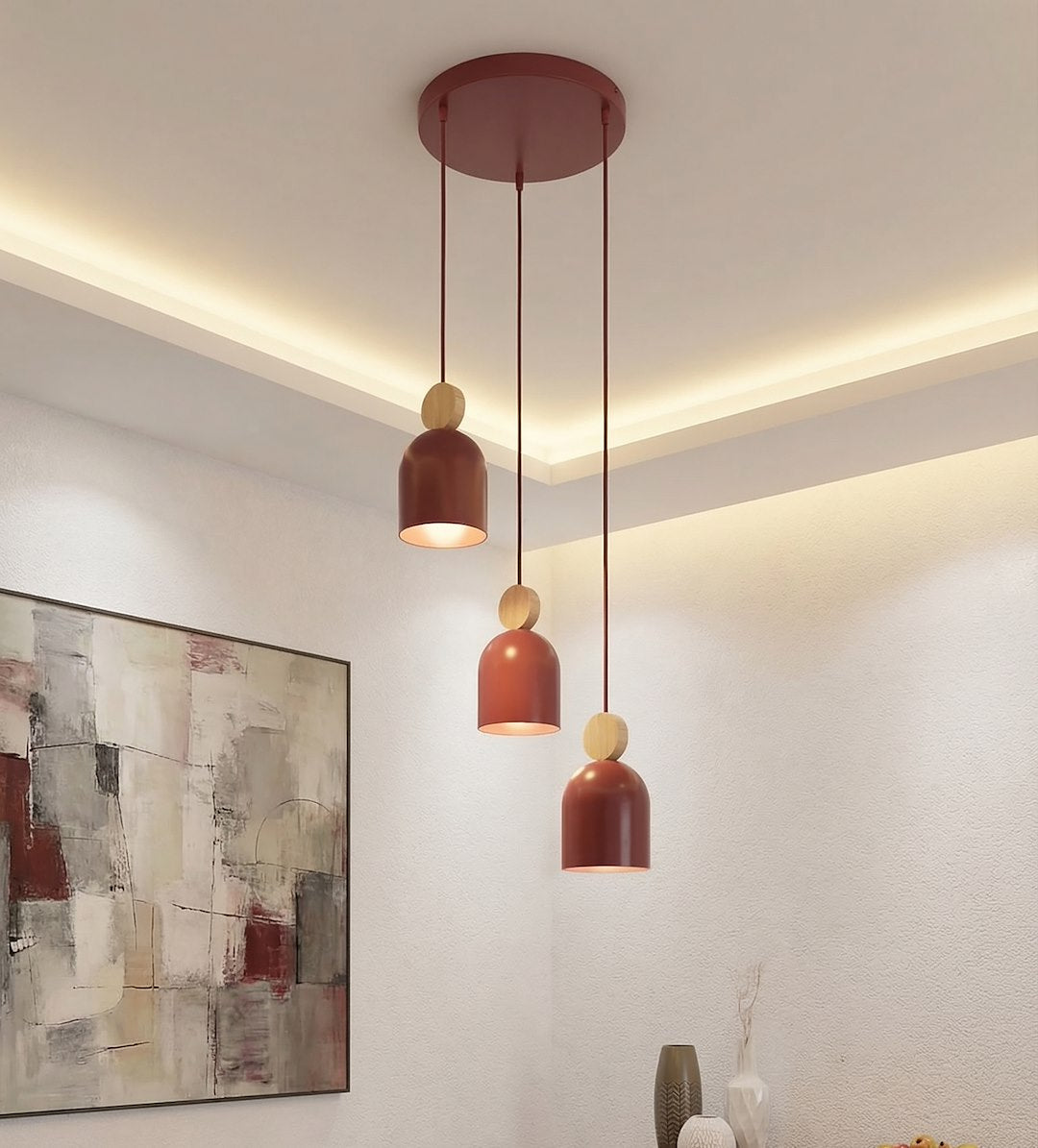 Hanglamp gepoedercoat staal met hout, Scandinavisch model Mesi, bordeaux, 3 fittingen, 34 x 34 cm, verstelbare hoogte