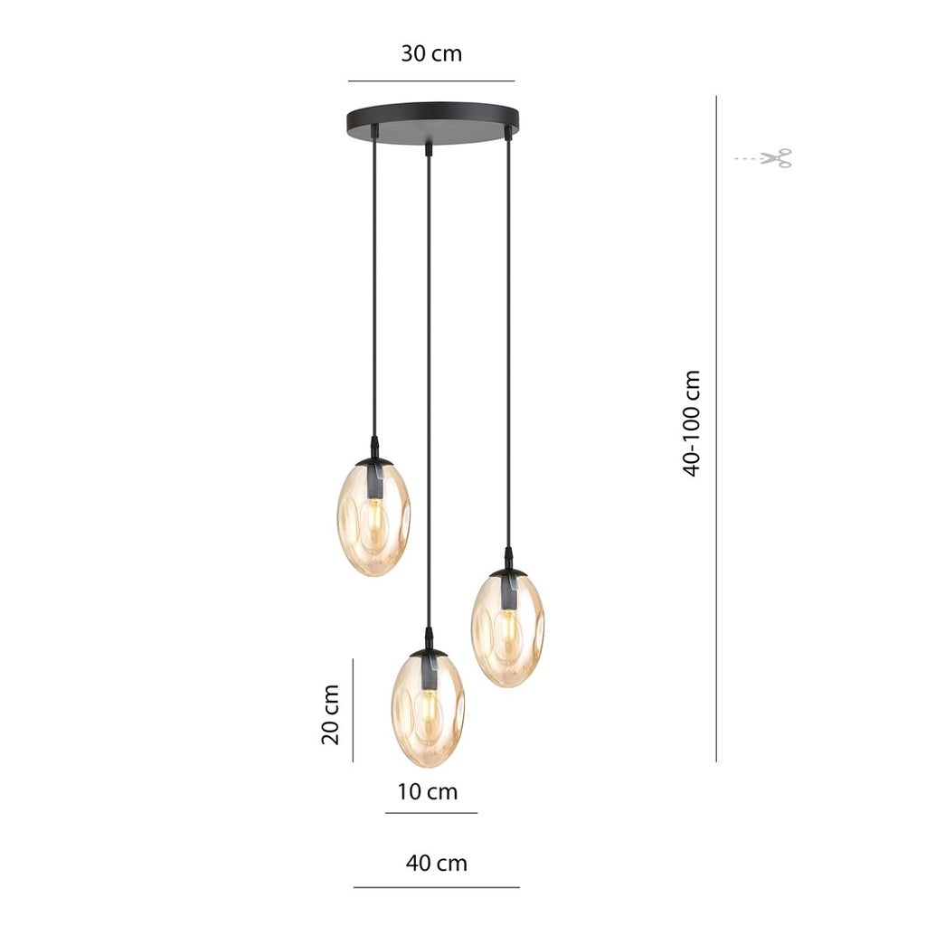 Hanglamp 3 lichts gepoedercoat staal en glas, modern, zwart met amber glas, Ø 30 cm, E14, eettafel en woonkamer